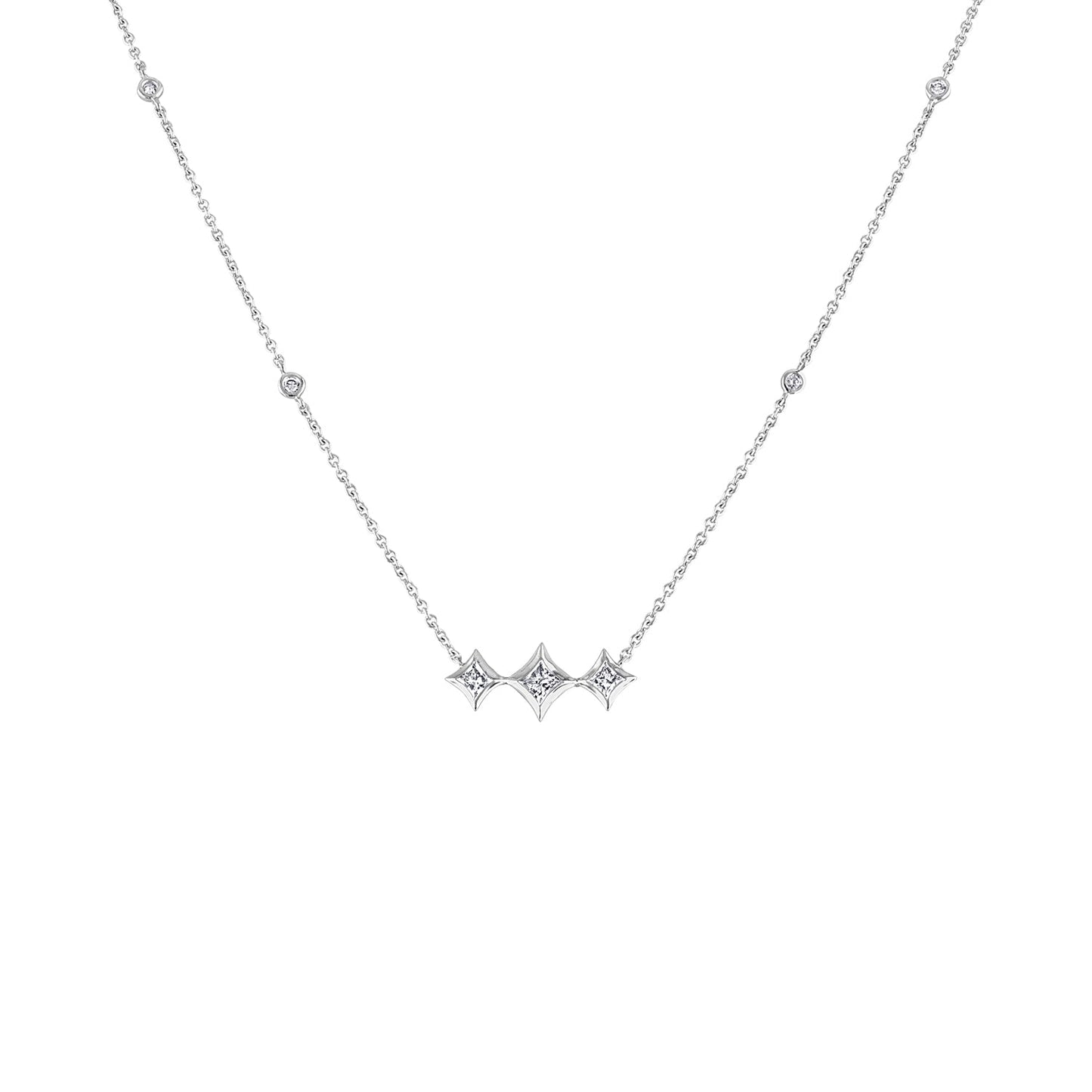 10K White Gold Bezel Set Princess Diamond 3 Stone Kite Shape and Station Necklace (H-I Color, SI2-I1 Clarity) - 18" Inches