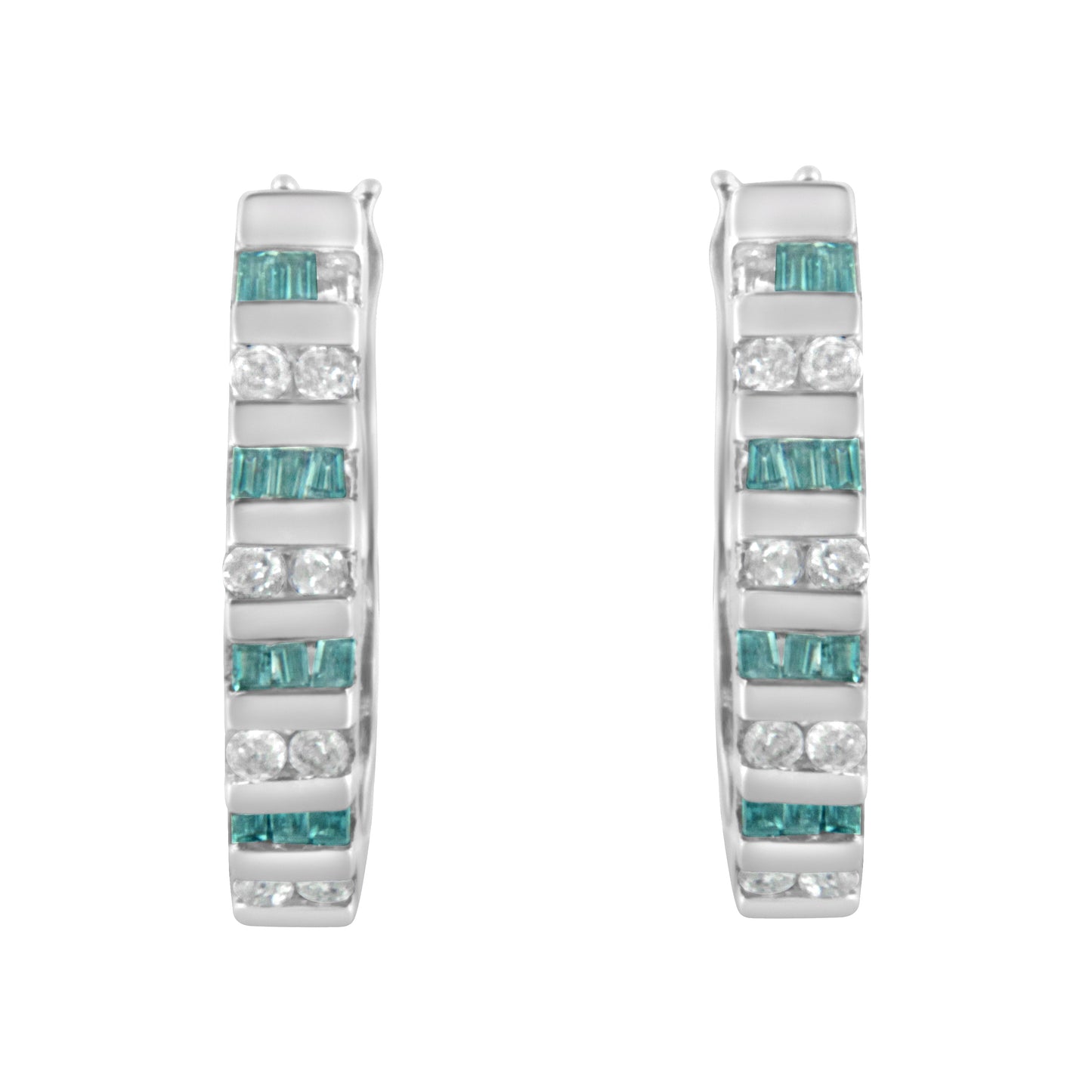 10k White Gold Round and Blue Baguette 1/2 cttw Diamond Hoop Earrings (I-J Color, I2-I3 Clarity)