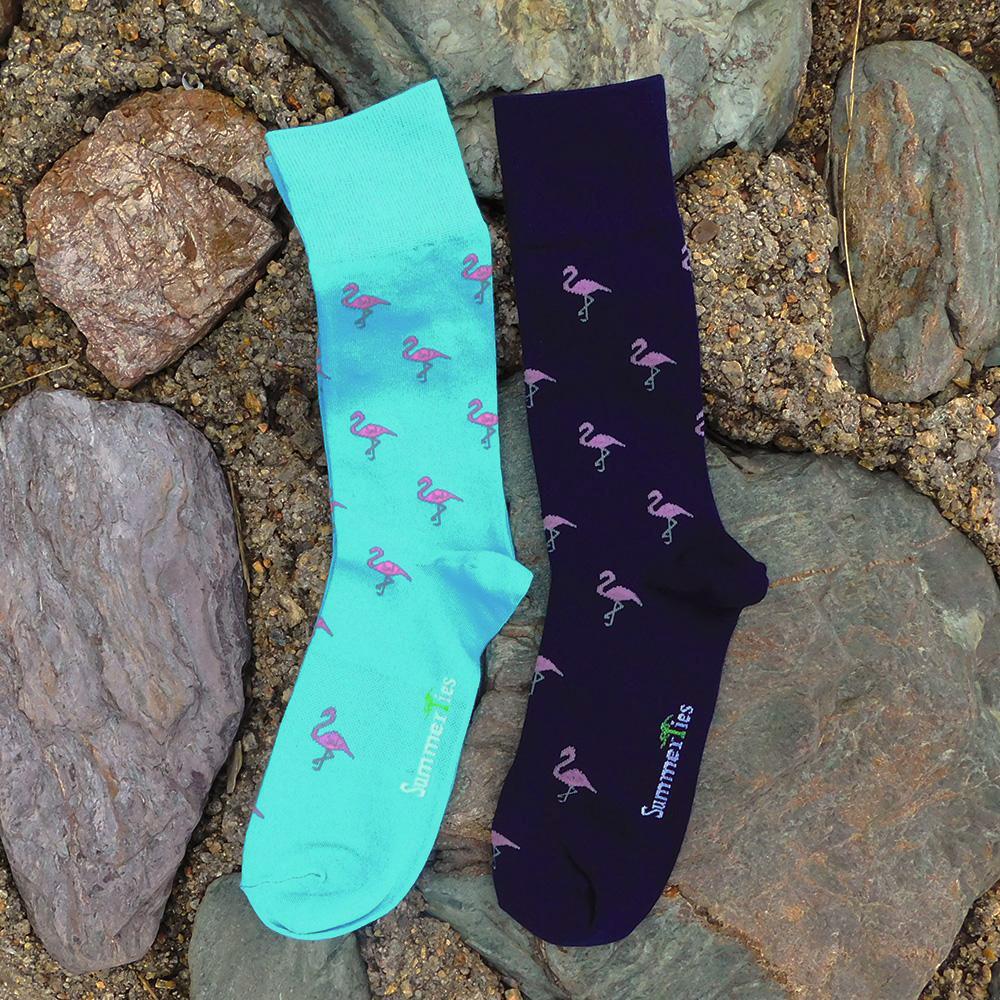 Flamingo Socks - Men's Mid Calf - Pink on Aqua Blue