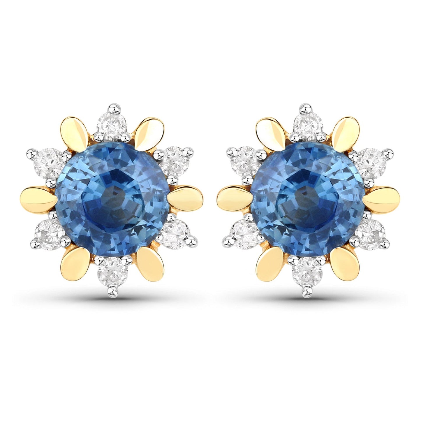 1.87 Carat Genuine Blue Sapphire and White Diamond 14K Yellow Gold Earrings