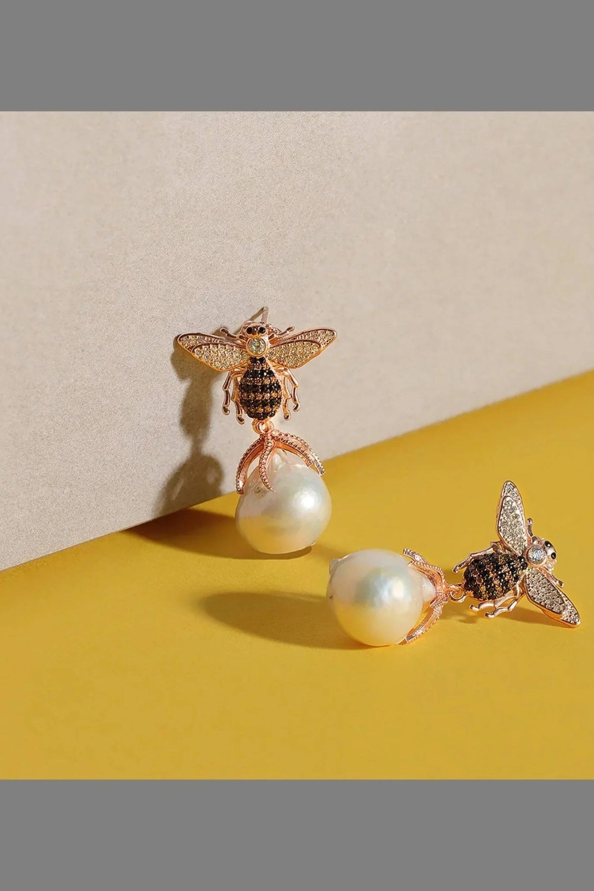 Baroque Pearl Honey Bee Drop Earrings Gold