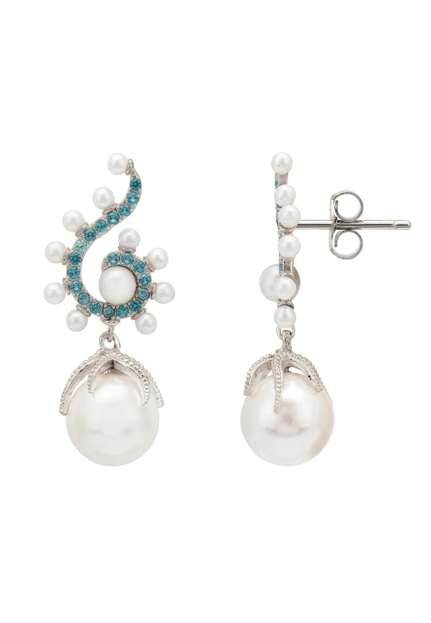 Majorica Round Pearl Poseidon Gemstone Drop Earrings Aqua Silver