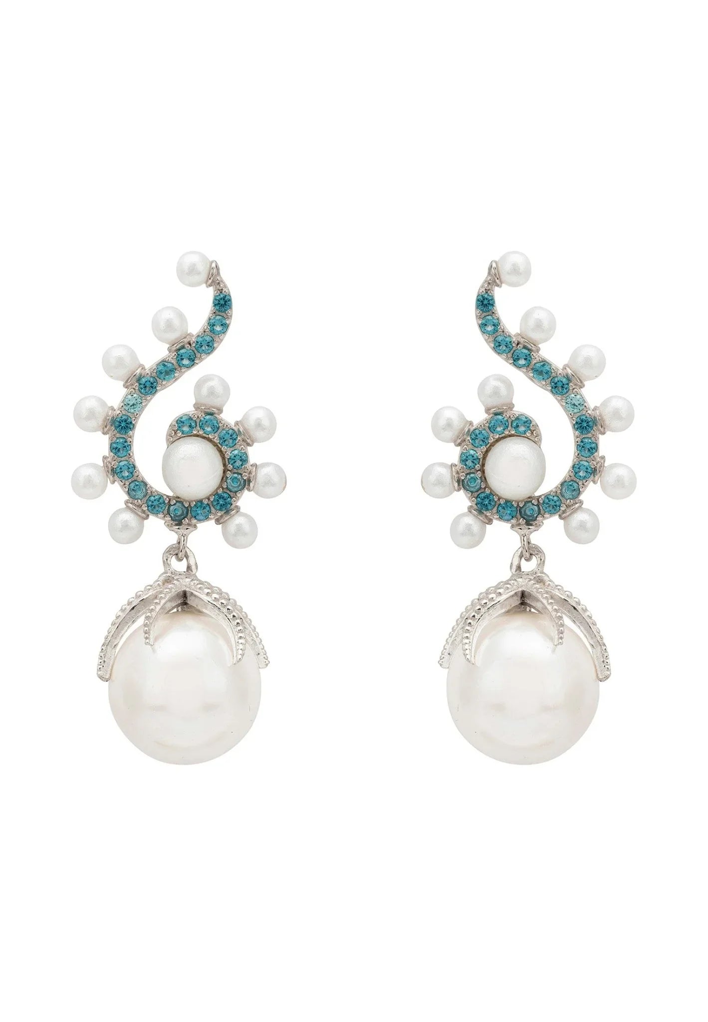 Majorica Round Pearl Poseidon Gemstone Drop Earrings Aqua Silver