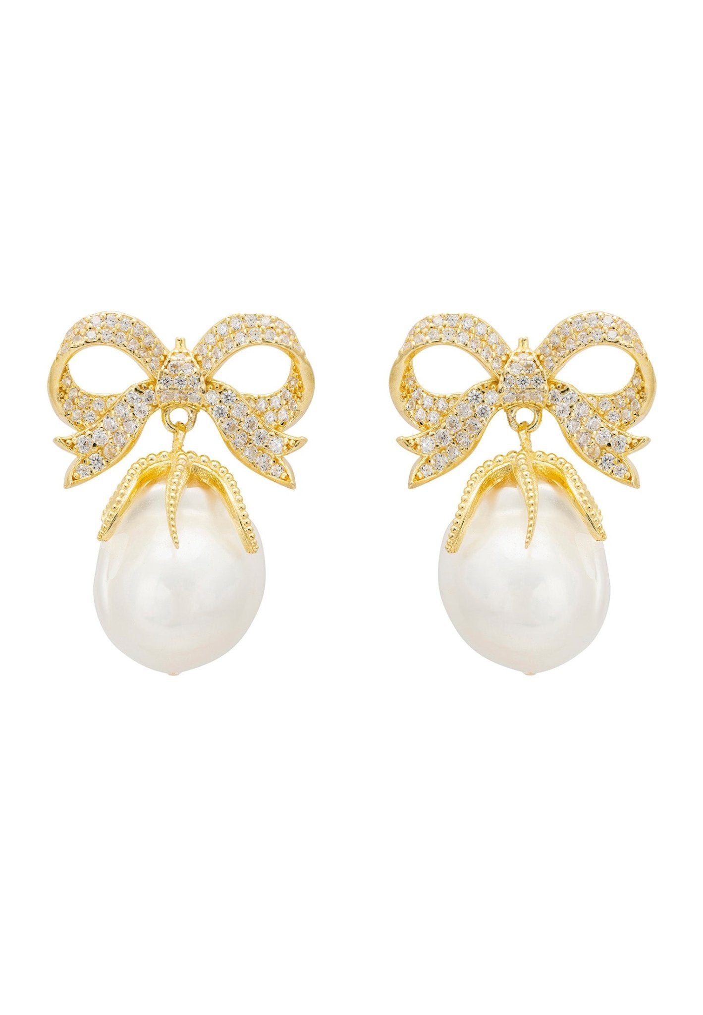 Baroque Pearl Ribbon and Bows Drop Earrings Gold