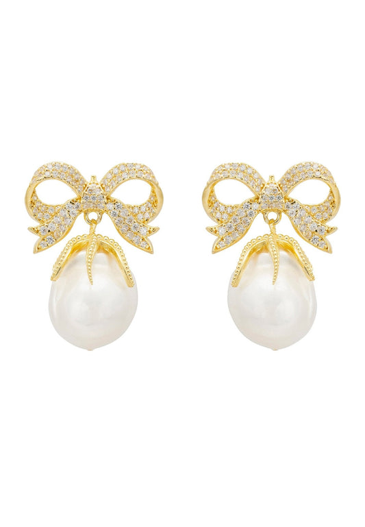Baroque Pearl Ribbon and Bows Drop Earrings Gold