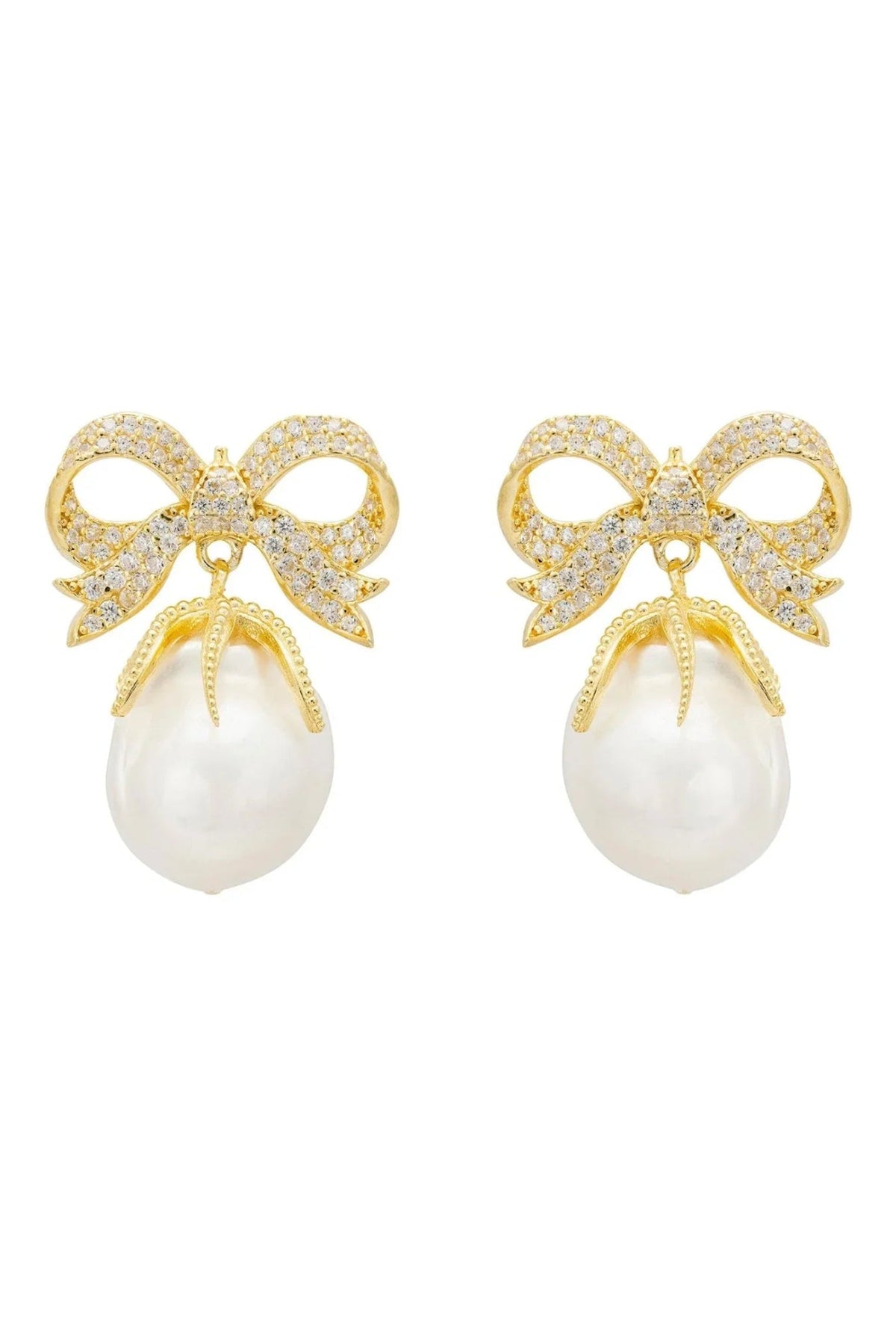 Baroque Pearl Ribbon and Bows Drop Earrings Gold