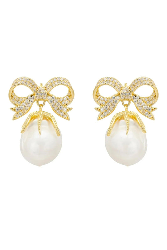 Baroque Pearl Ribbon and Bows Drop Earrings Gold