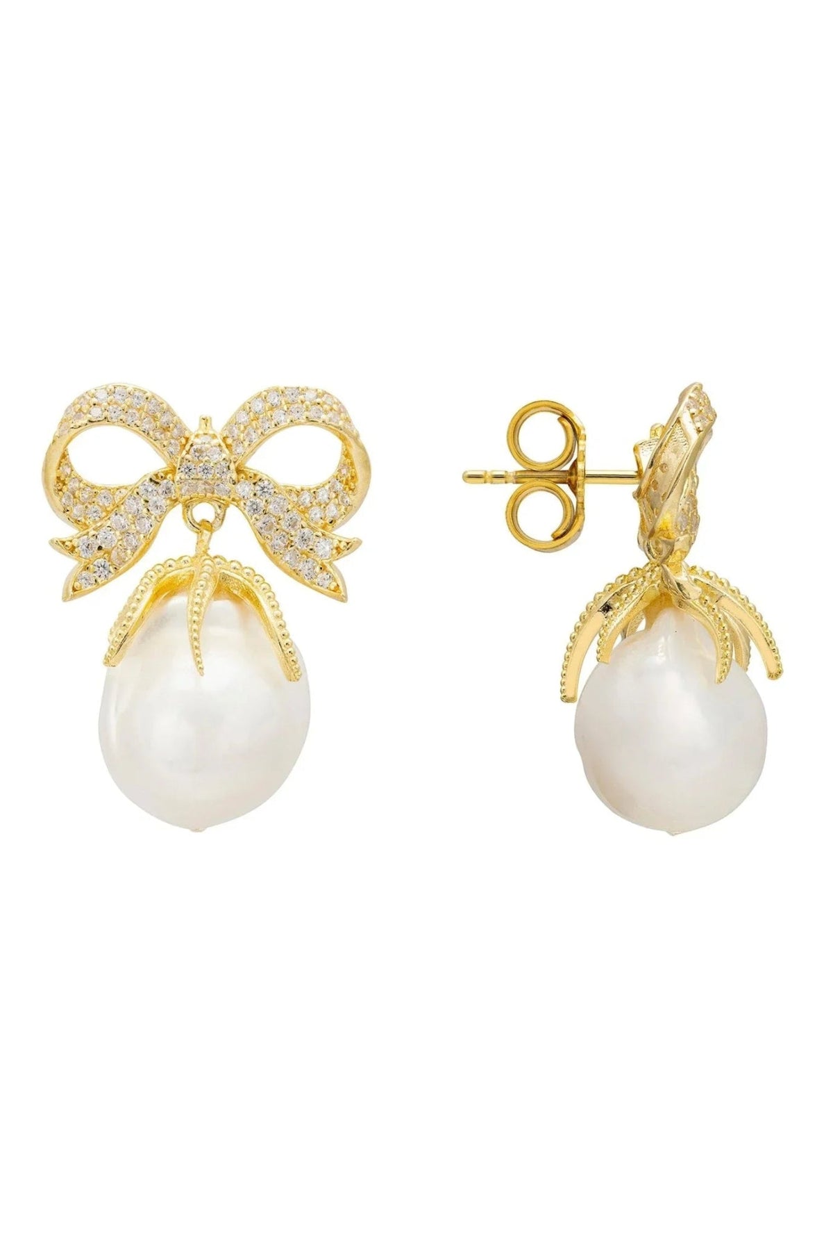 Baroque Pearl Ribbon and Bows Drop Earrings Gold