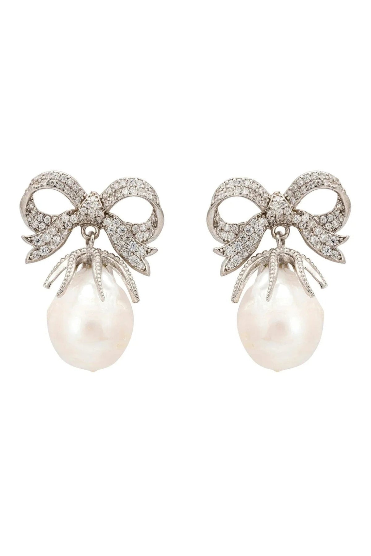 Baroque Pearl Ribbon and Bows Drop Earrings Silver