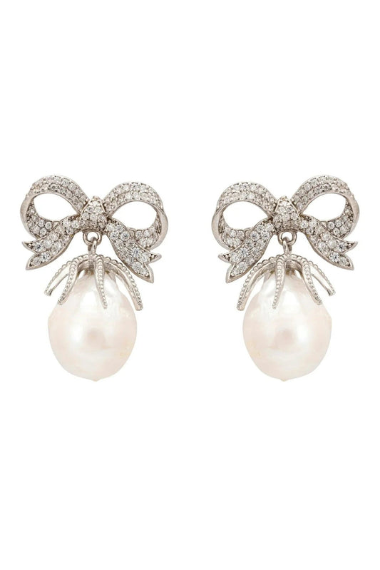 Baroque Pearl Ribbon and Bows Drop Earrings Silver
