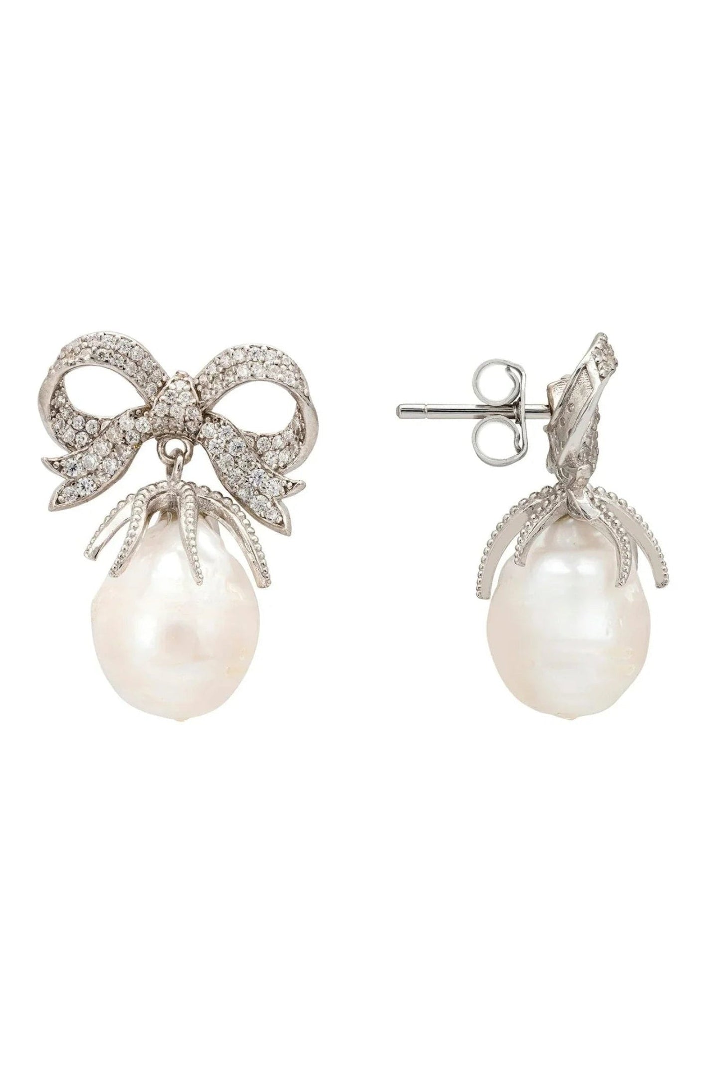 Baroque Pearl Ribbon and Bows Drop Earrings Silver