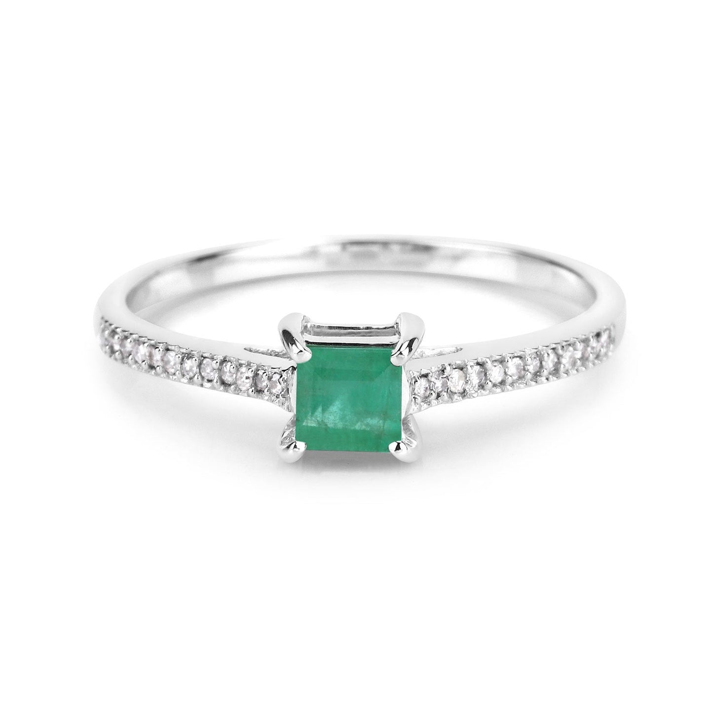 0.67 Carat Genuine Zambian Emerald and White Diamond 14K White Gold Ring