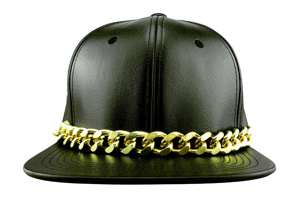 Faux Leather Snapback Hat With Glod Chain