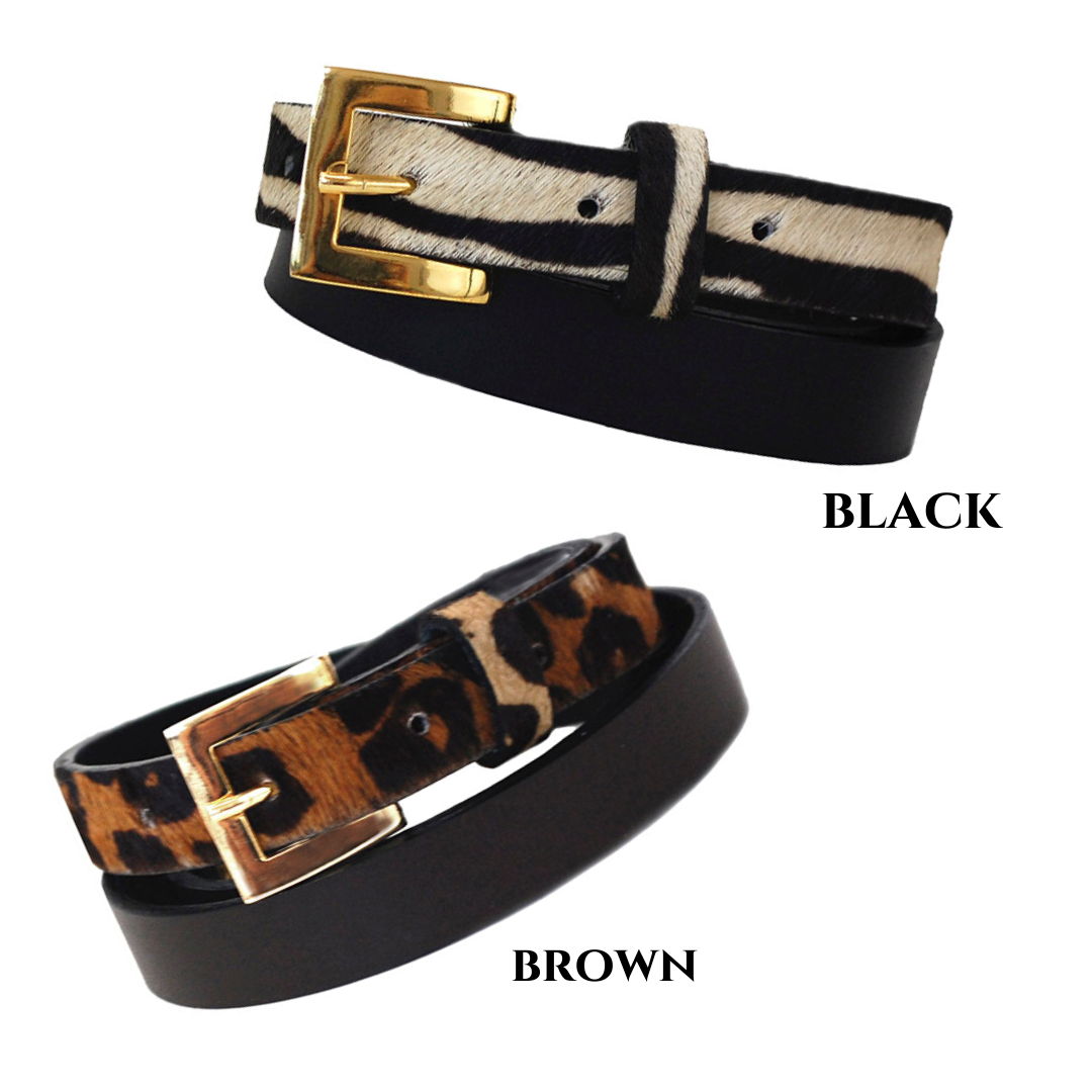 Sophia Genuine Leather & Cowhide Belt -Black
