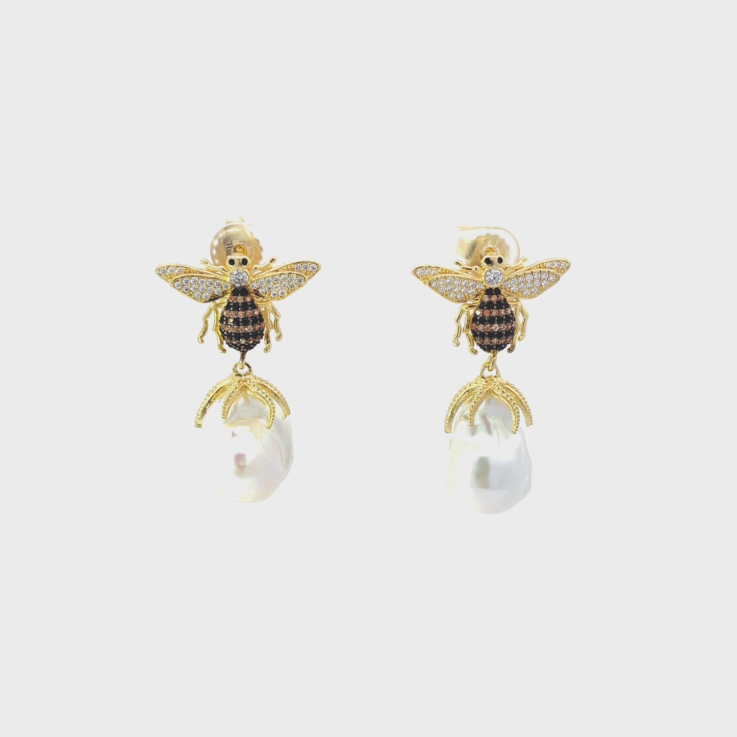 Baroque Pearl Honey Bee Drop Earrings Gold