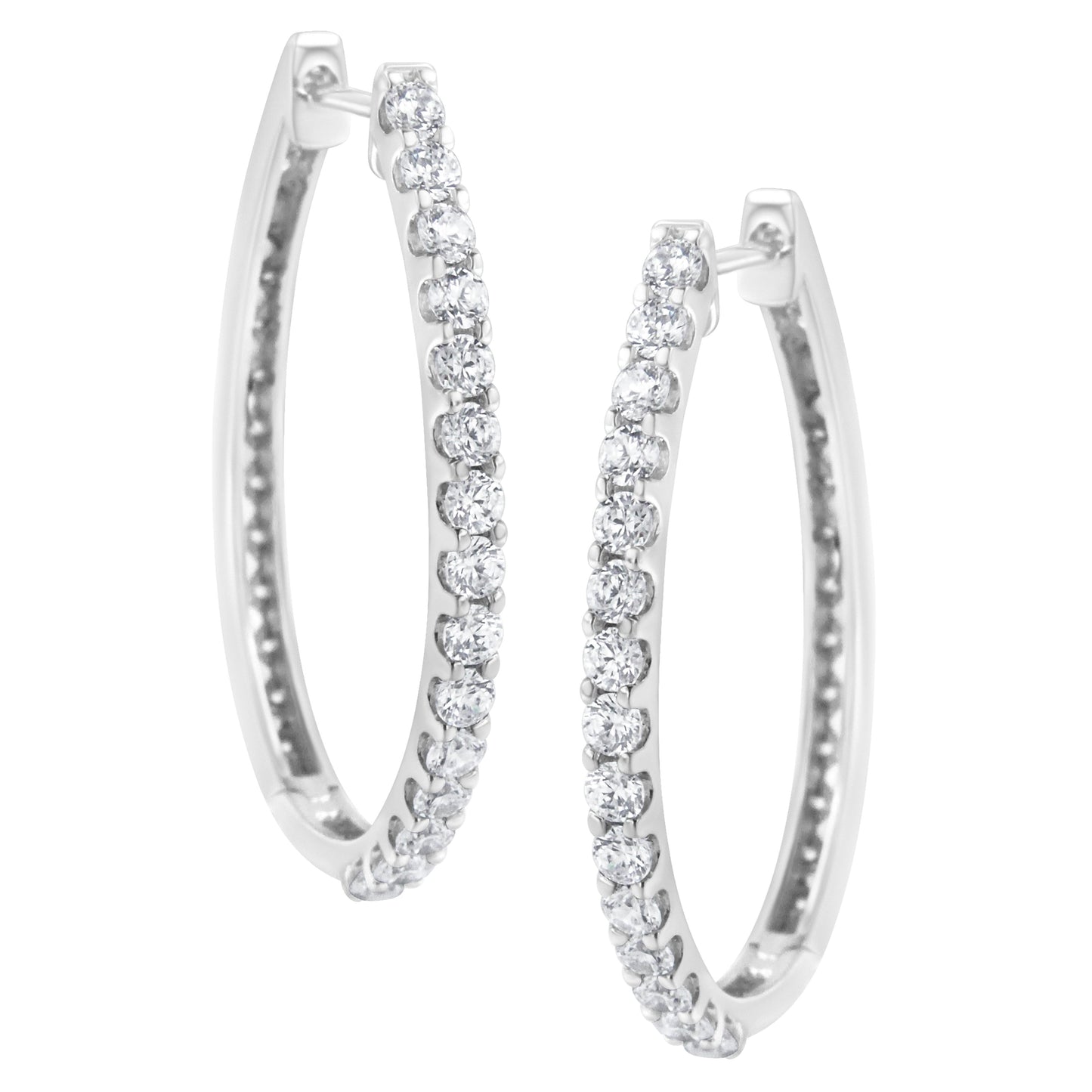 14K White Gold 2.0 Cttw Round Brilliant Cut Diamond Oblong Hinged Leverback Hoop Earrings (I-J Color, I1-I2 Clarity)