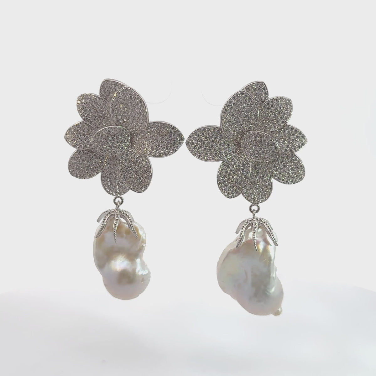 Amaryllis Flower Baroque Pearl Drop Earrings White Silver