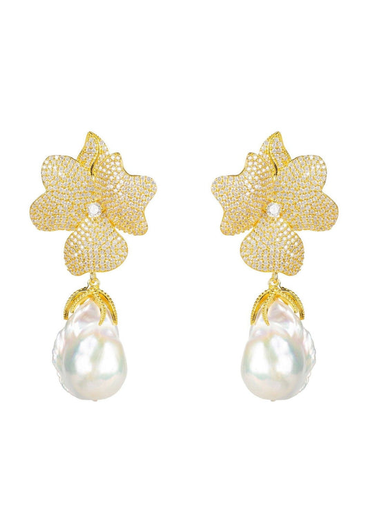 Baroque Pearl White Flower Earring Yellow Gold