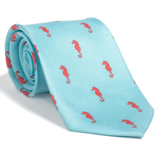 Seahorse Necktie - Blue, Printed Silk