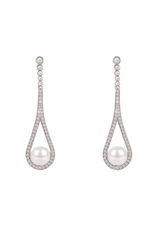 Cradled Pearl Drop Earrings Silver
