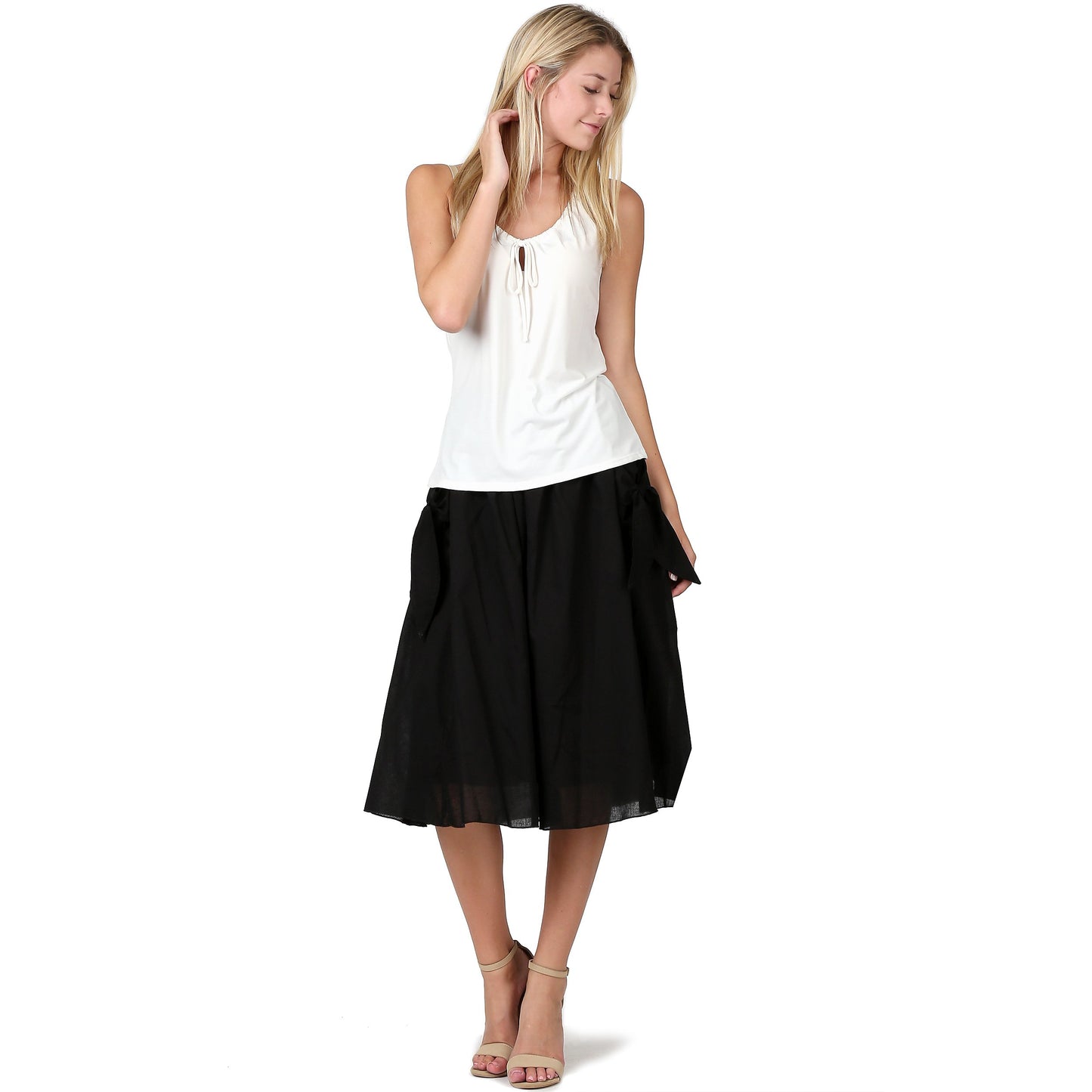 Evanese Women's Cotton Knee Length a Line Skirt With Front Pockets With Ribbon (v. Black)