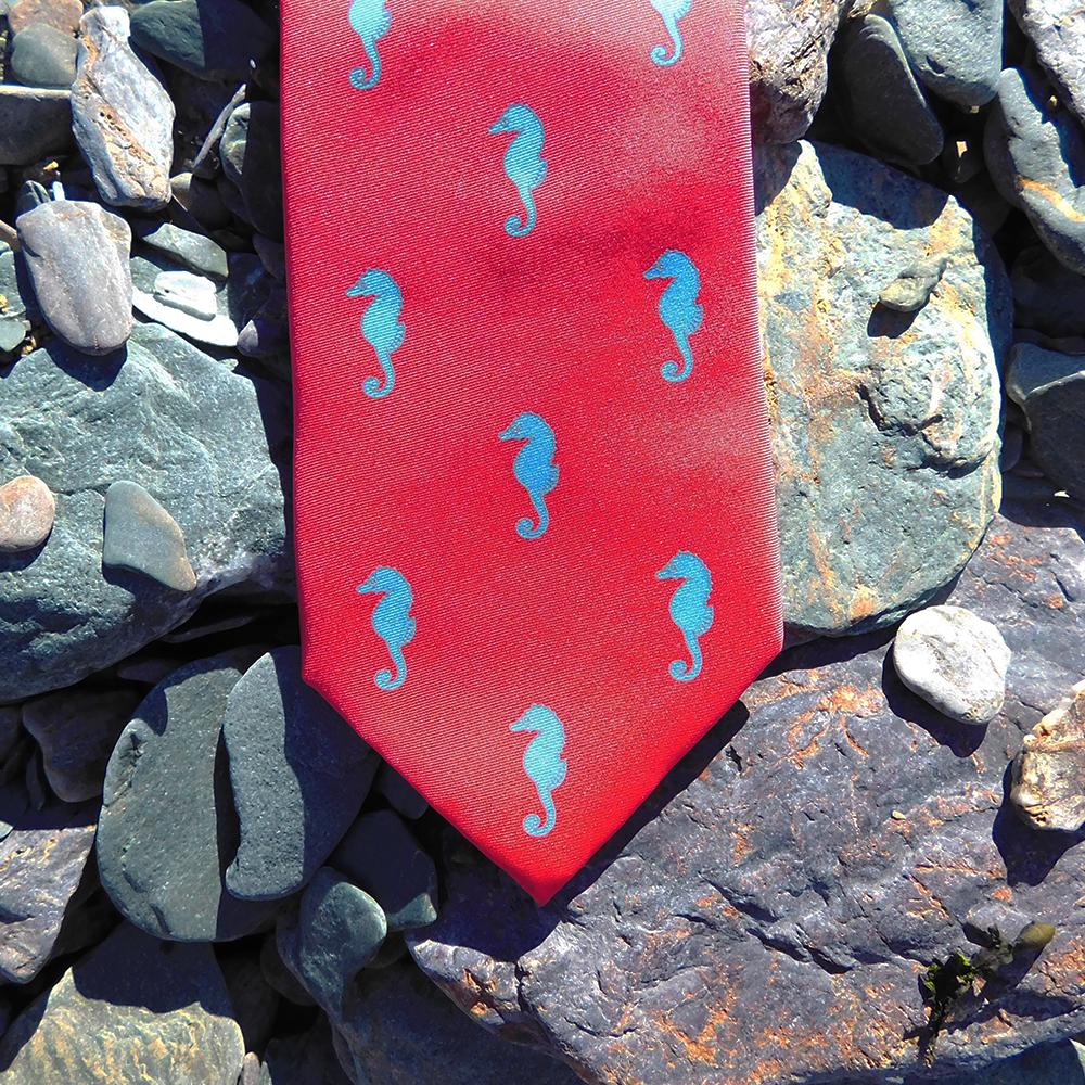 Seahorse Necktie - Coral Pink, Printed Silk