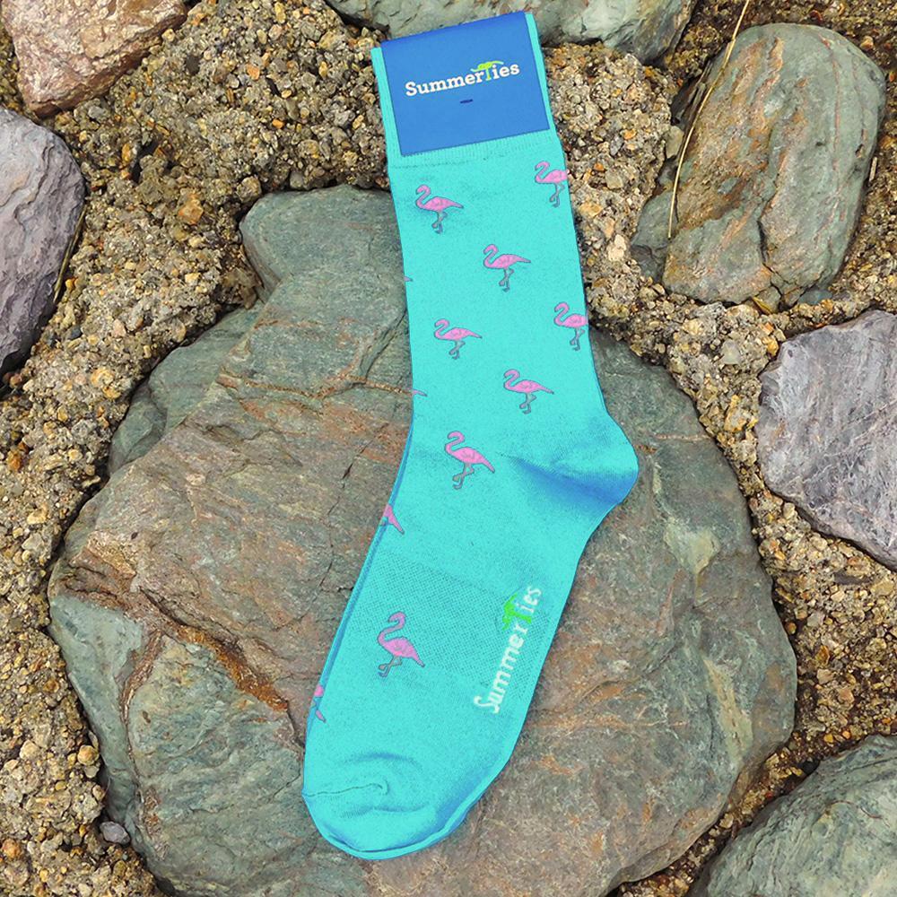 Flamingo Socks - Men's Mid Calf - Pink on Aqua Blue