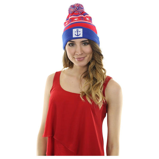 Anchor Winter Pom-Pom Hat - Red, White, Blue With White Anchor Patch