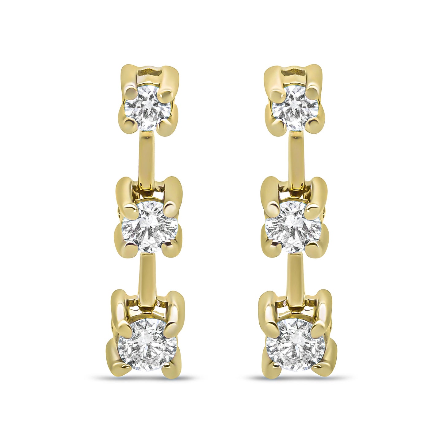 14K Yellow Gold 1/2 Cttw Round Diamond 3 Stone Graduated Linear Drop Past, Present and Future Stud Earrings (H-I Color, SI1-SI2 Clarity)
