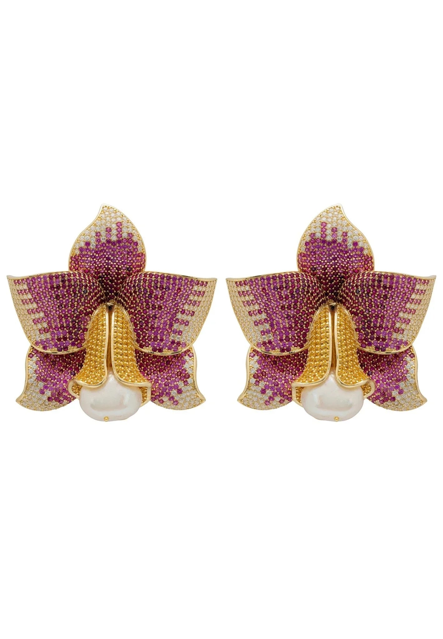 Daffodil With Pearl Earrings Gold Ruby CZ