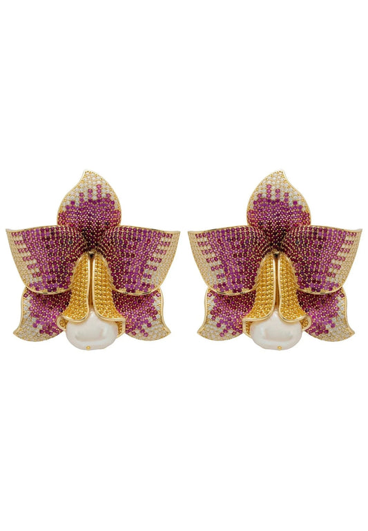 Daffodil With Pearl Earrings Gold Ruby CZ