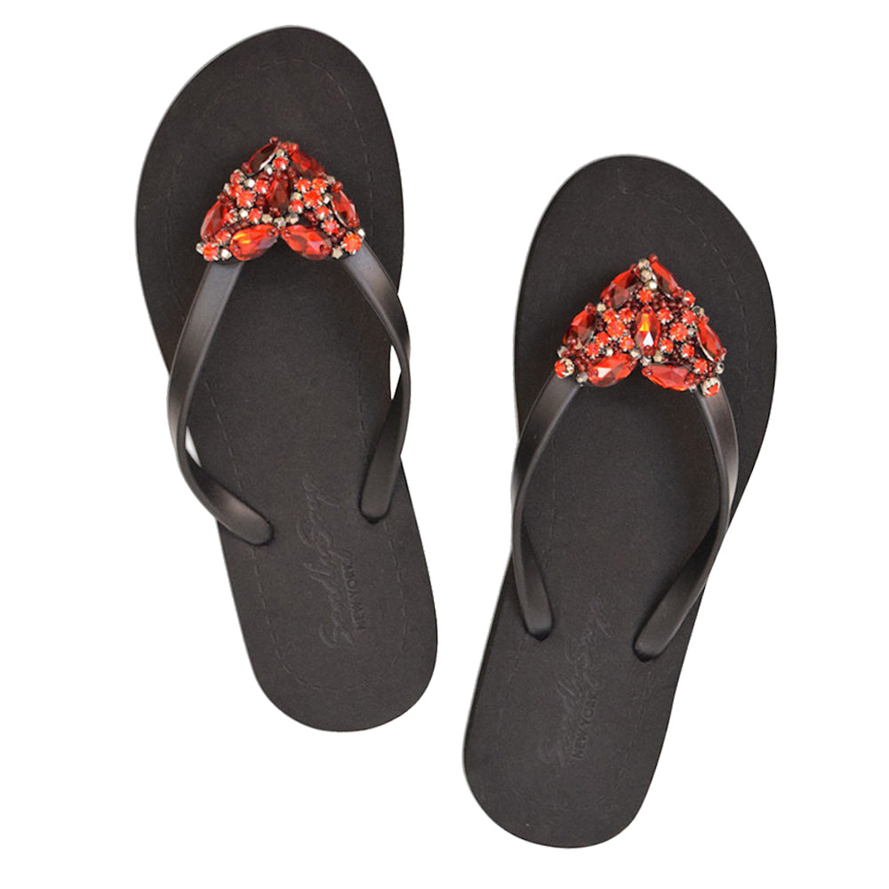 Red Heart - Rhinestone Flip Flops Flat Sandals