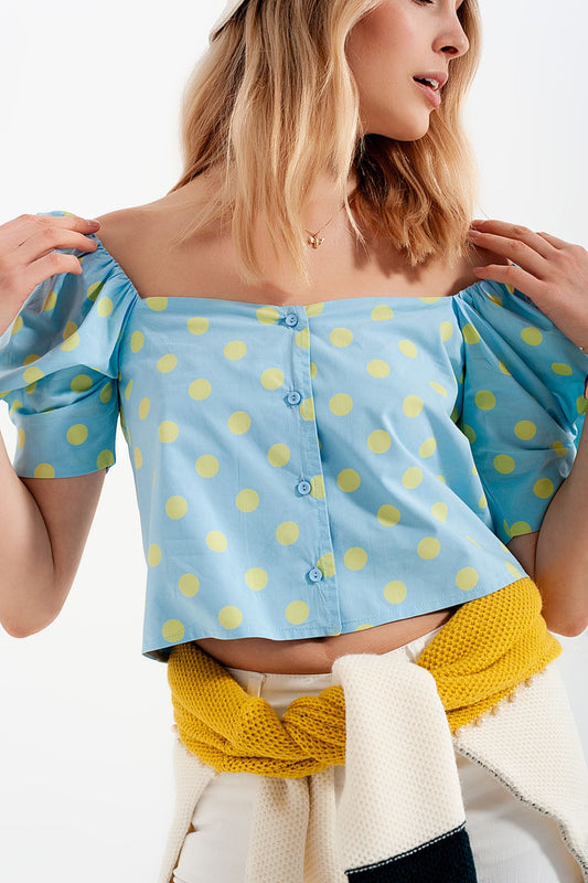 Polka Dot Top With Puffed Sleeves and Square Neckline Blue and Green