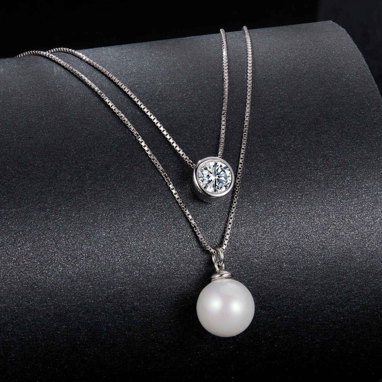 925 Sterling Silver Moissanite & Quality Shell Pearl Necklace for Women - 40+5cm, White Gold Plated