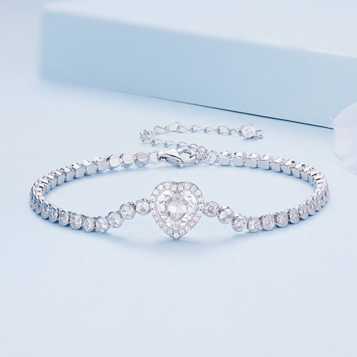 925 Sterling Silver Bracelet with CZ Zircon, 15+6.5cm, Platinum Plated for Women