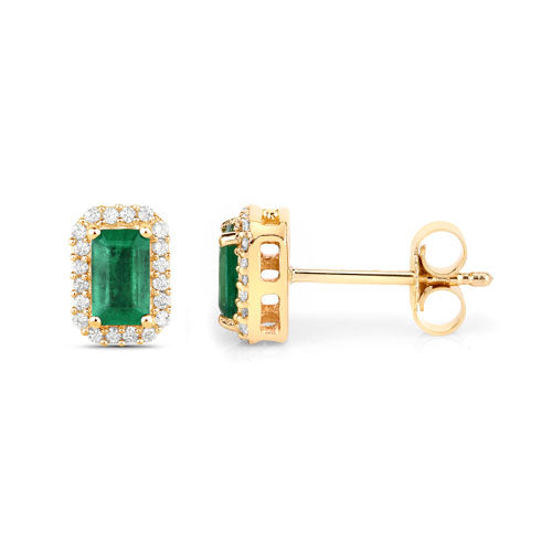 0.91 Carat Genuine Zambian Emerald and White Diamond 14K Yellow Gold Earrings