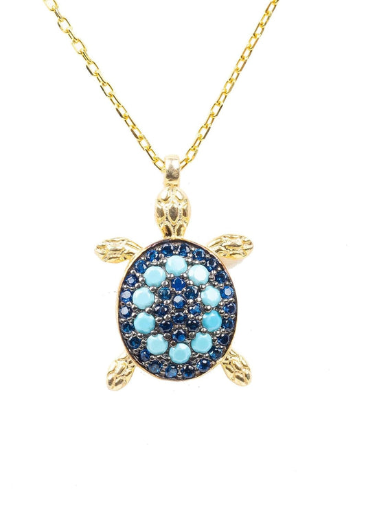 Turtle Turquoise Blue Pendant Necklace Gold