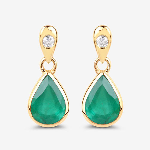 1.35 Carat Genuine Zambian Emerald and White Diamond 10K Yellow Gold Earrings