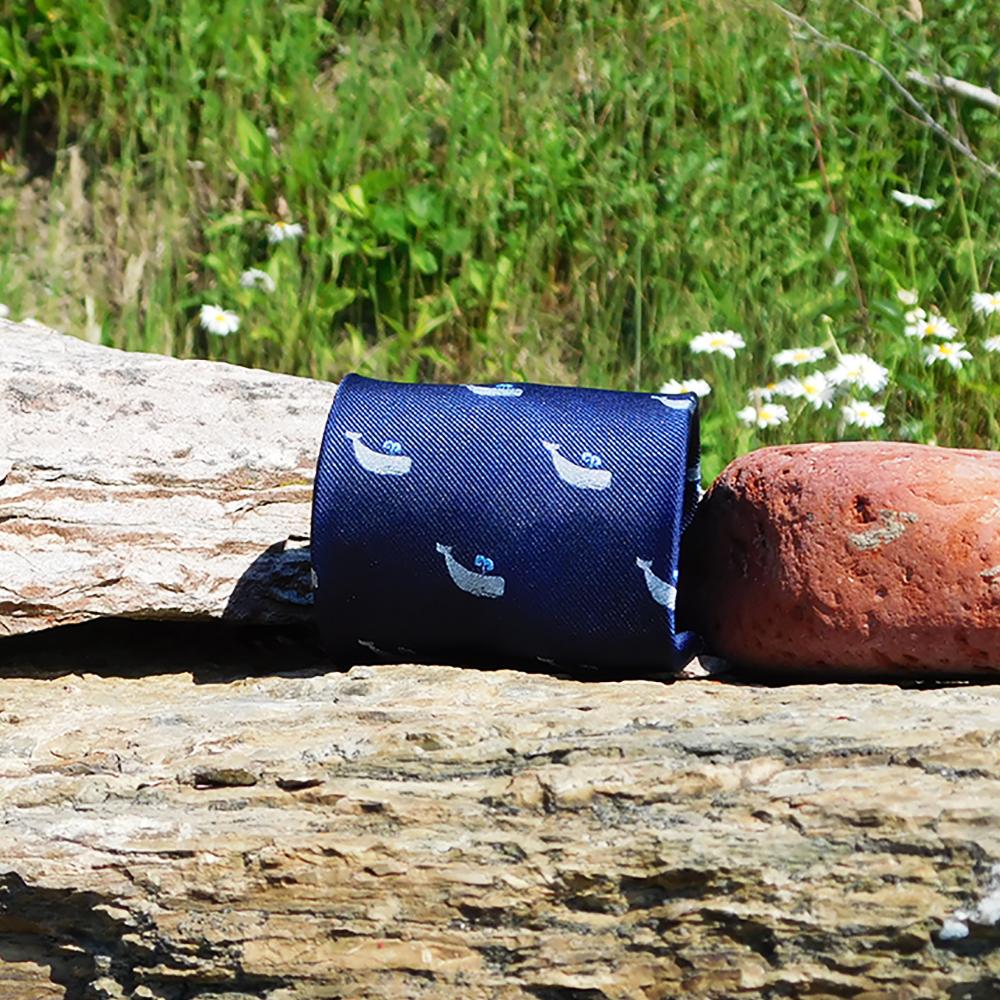 Sperm Whale Necktie - Grey on Navy, Woven Silk - Spread