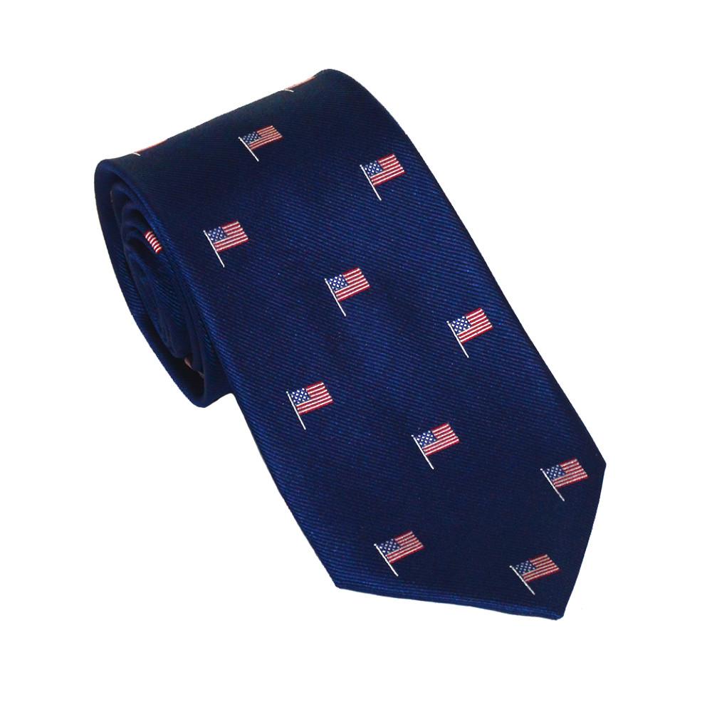 American Flag Necktie - Red White and Blue on Navy, Woven Silk - Spread