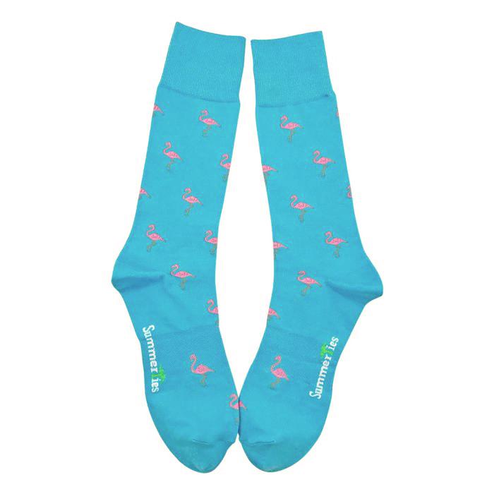 Flamingo Socks - Men's Mid Calf - Pink on Aqua Blue