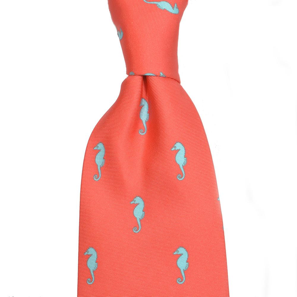 Seahorse Necktie - Coral Pink, Printed Silk