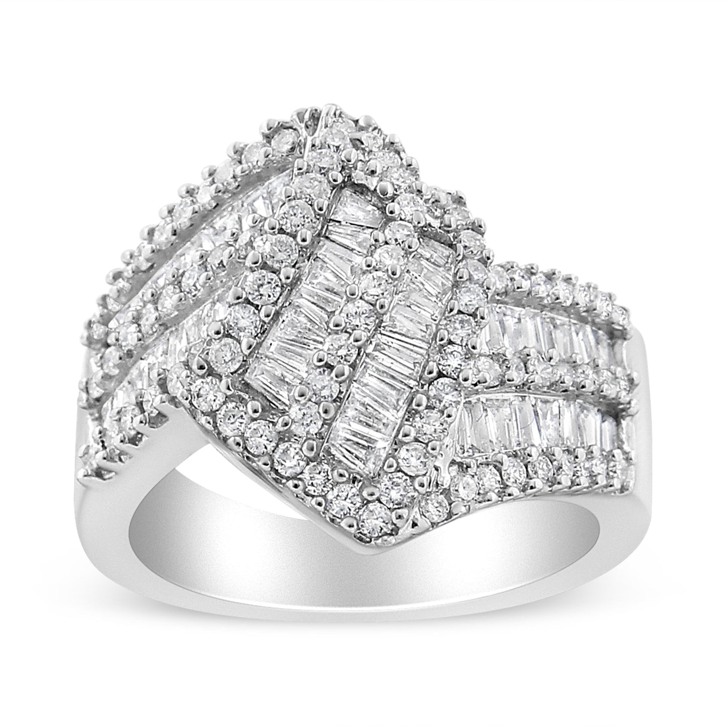 14K White Gold 1-1/2 Cttw Round and Baguette Diamond Bypass Cocktail Ring Band (H-I Color, SI1-SI2 Clarity) - Size 7