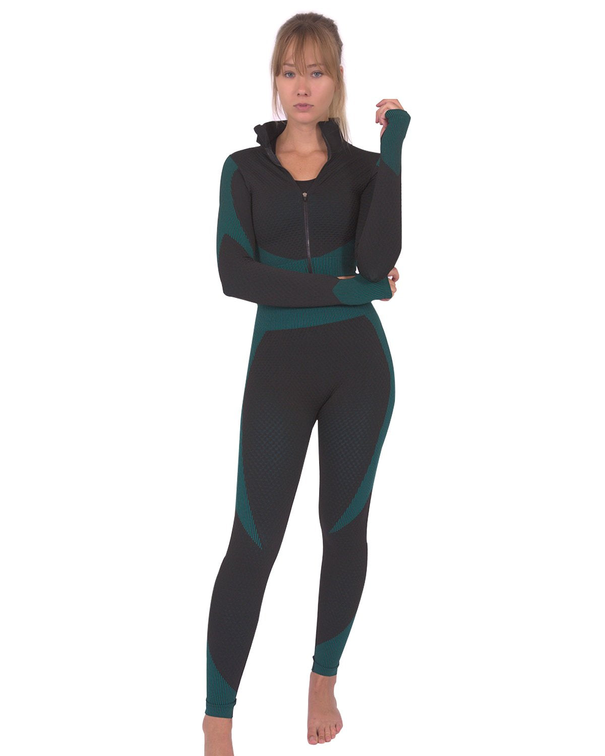 Trois Seamless Jacket, Leggings & Sports Top 3 Set - Black With Teal Blue