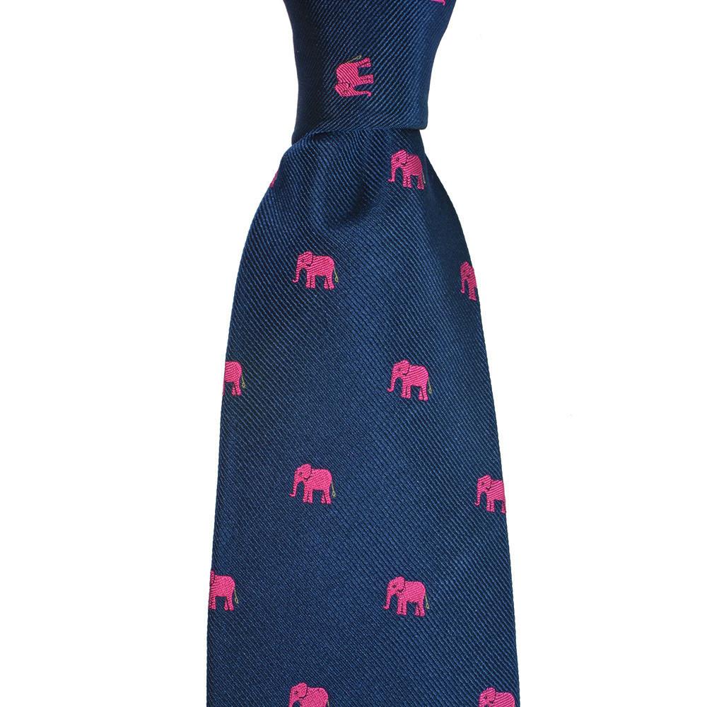 Elephant Necktie - Pink on Navy, Woven Silk - Spread