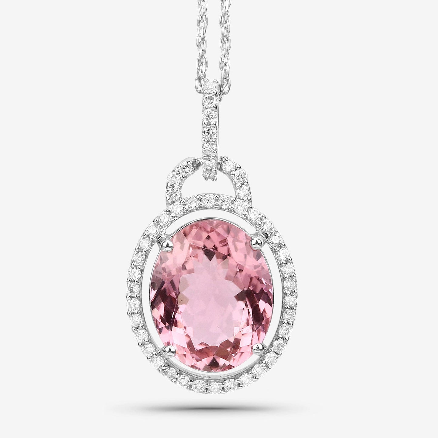 3.90 Carat Genuine Pink Tourmaline and White Diamond 14K White Gold Pendant