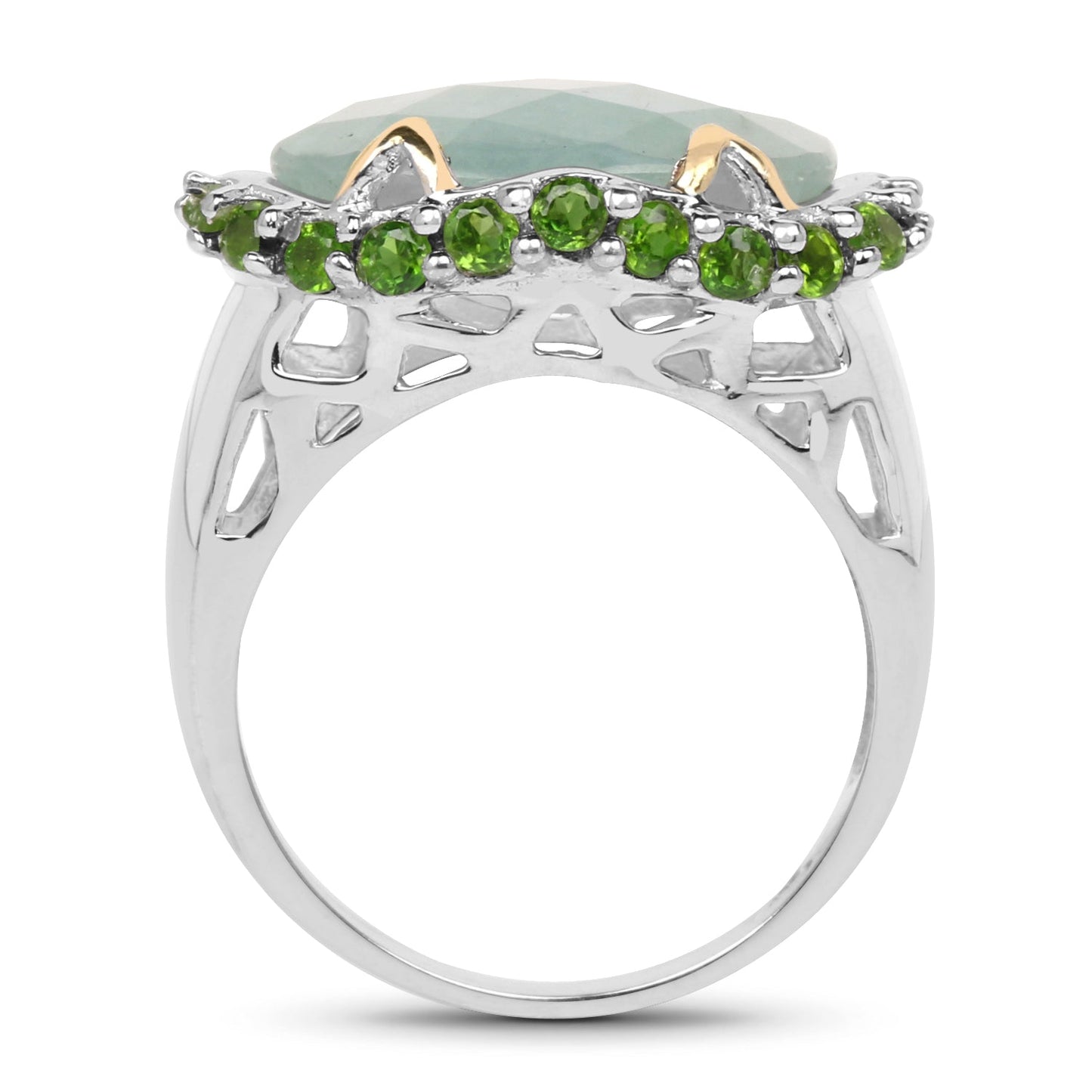Two Tone Plated 9.12 Carat Genuine Milky Aquamarine and Chrome Diopside .925 Sterling Silver Ring