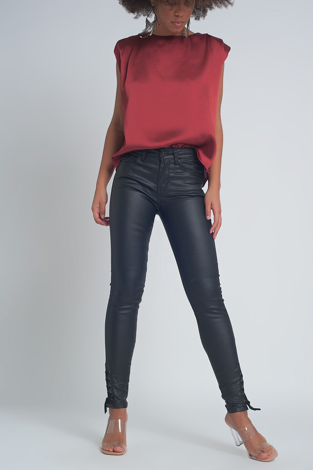 Black Leather Effect Trousers With Hem Lace-Up