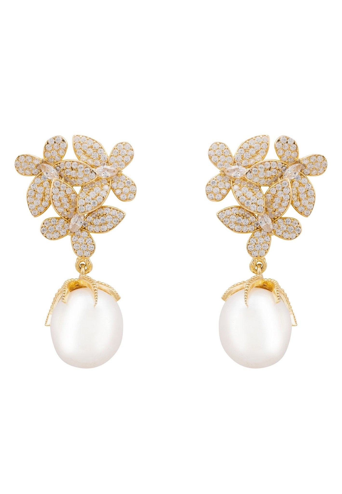 Flowers Pearl Earrings Gold White