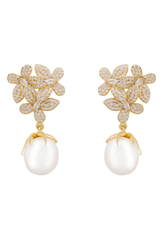 Flowers Pearl Earrings Gold White